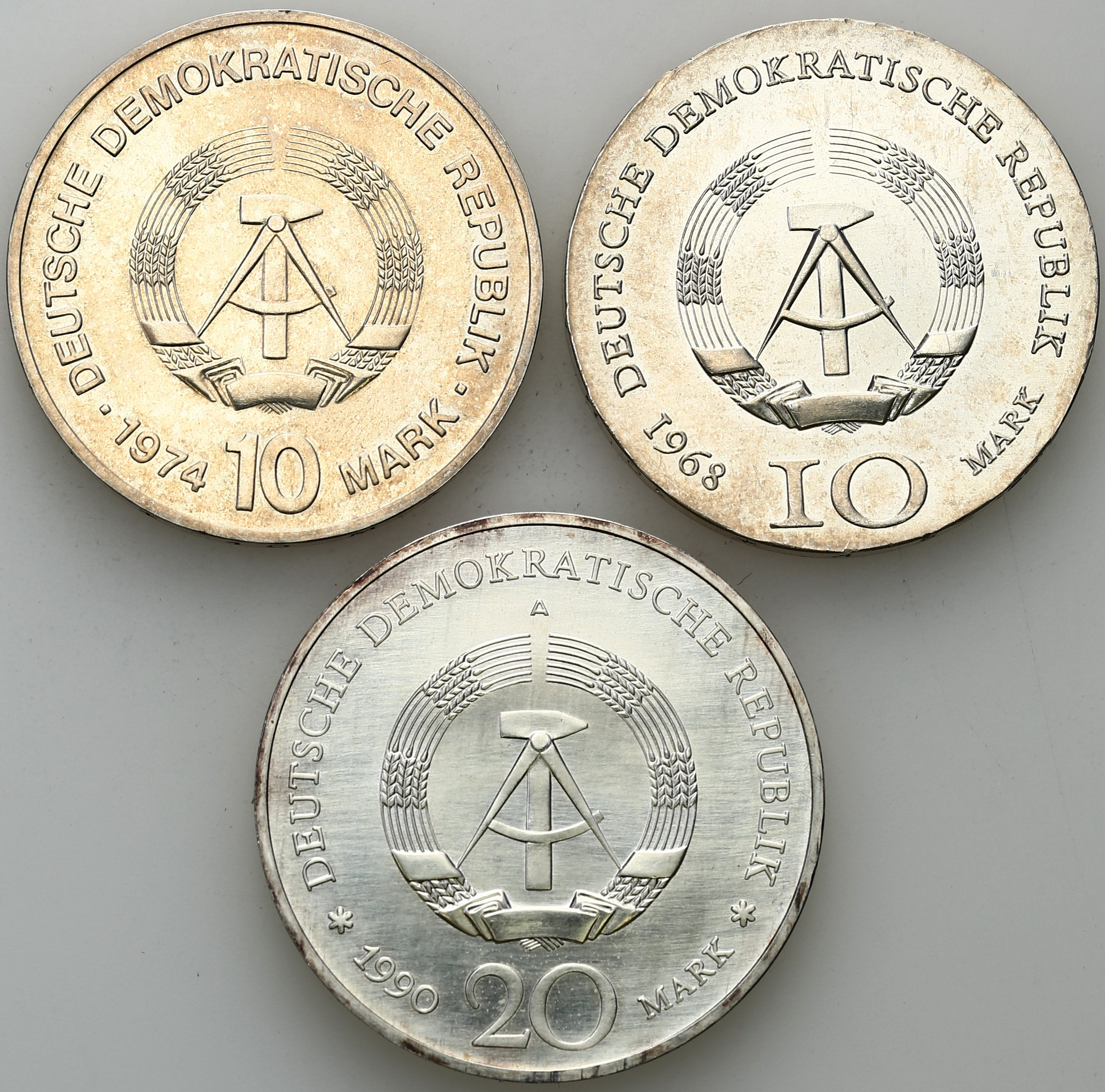 Niemcy DDR 10 - 20 Marek 1968, 1974, 1990 – zestaw 3 sztuk